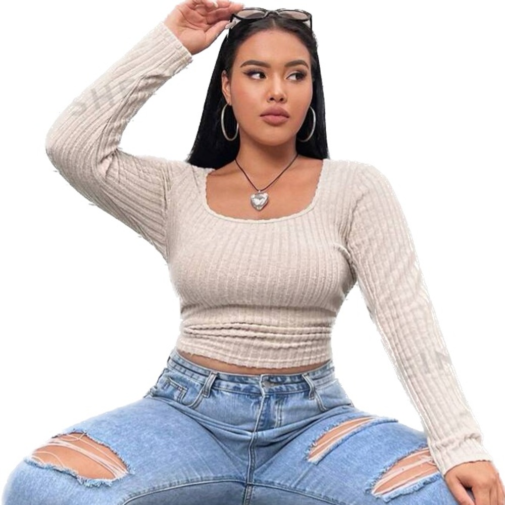 EZwear Plus Scoop Neck Ruched Side Crop Tee - Beige - Size 2X
